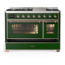 ILVE Majestic III 48-inch Dual Fuel Range with 5 Liquid Propane Burner, Griddle and Triple Glass Door Electric Oven in Emerald Green with Copper Trim (UM48FNR3EGPLP)