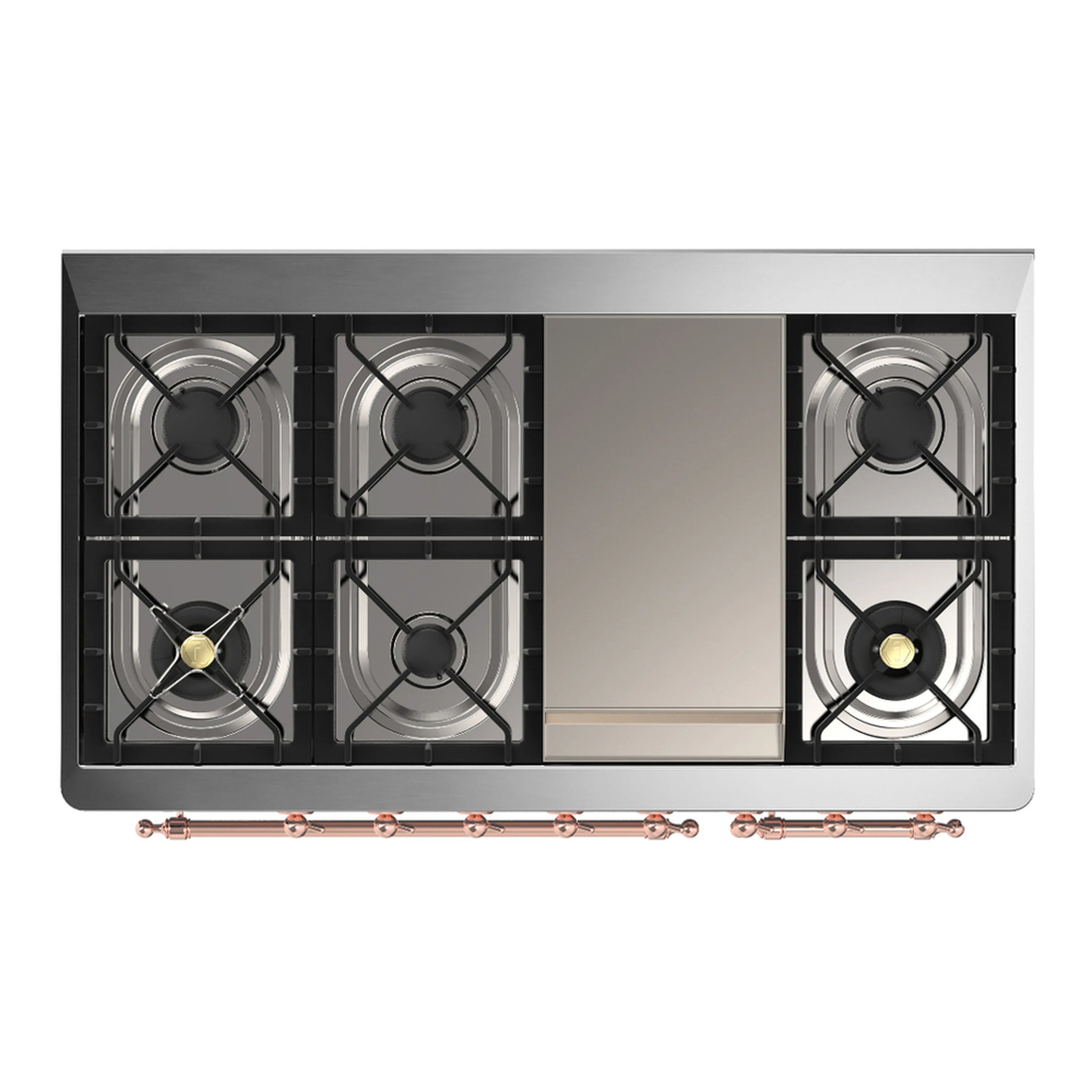 Back view of emerald green dual fuel range with copper trim, four burners and stainless control panel