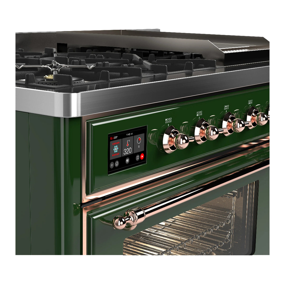 Emerald green dual fuel range with copper trim, chrome knobs and oven handle with racks