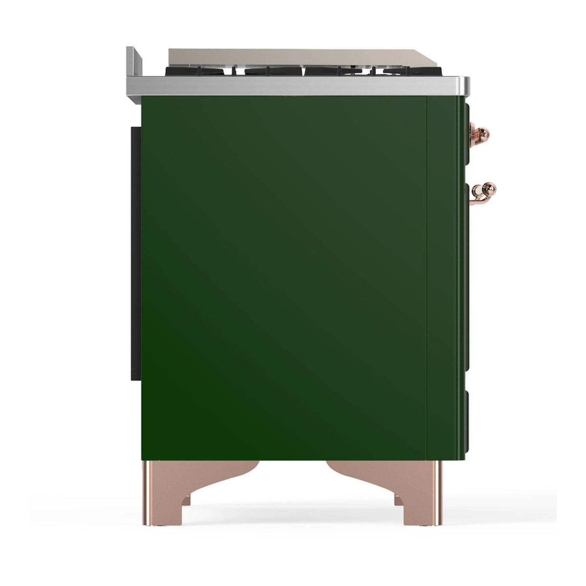 Emerald green dual fuel range end panel with copper trim and side burner controls