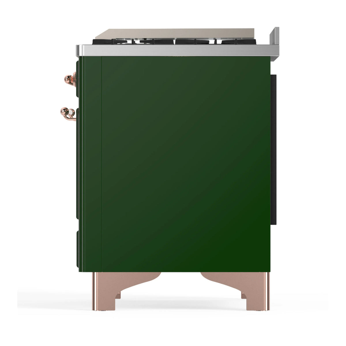 Emerald green dual fuel range side panel with copper trim and rear burner control knobs