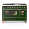 ILVE Majestic III 48-inch Dual Fuel Range with 5 Liquid Propane Burner, Griddle and Triple Glass Door Electric Oven in Emerald Green with Copper Trim (UM48FNR3EGPLP)