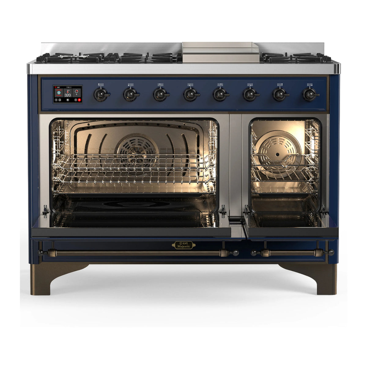 Midnight blue dual fuel range with open triple-glass oven doors and gas cooktop