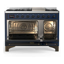 ILVE Majestic III 48-inch Dual Fuel Range with 5 Natural Gas Burner, Griddle and Triple Glass Door Electric Oven in Midnight Blue with Burnished Trim (UM48FNR3MBB)