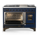 ILVE Majestic III 48-inch Dual Fuel Range with 5 Natural Gas Burner, Griddle and Triple Glass Door Electric Oven in Midnight Blue with Burnished Trim (UM48FNR3MBB)