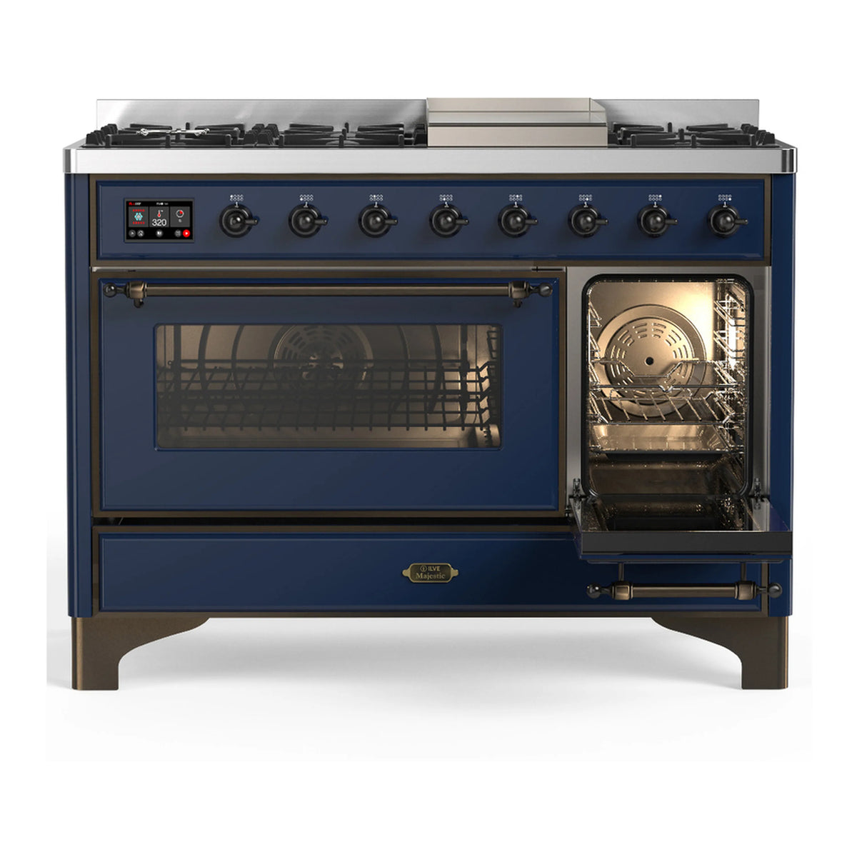 Midnight blue dual fuel range with open oven window and lit interior fan