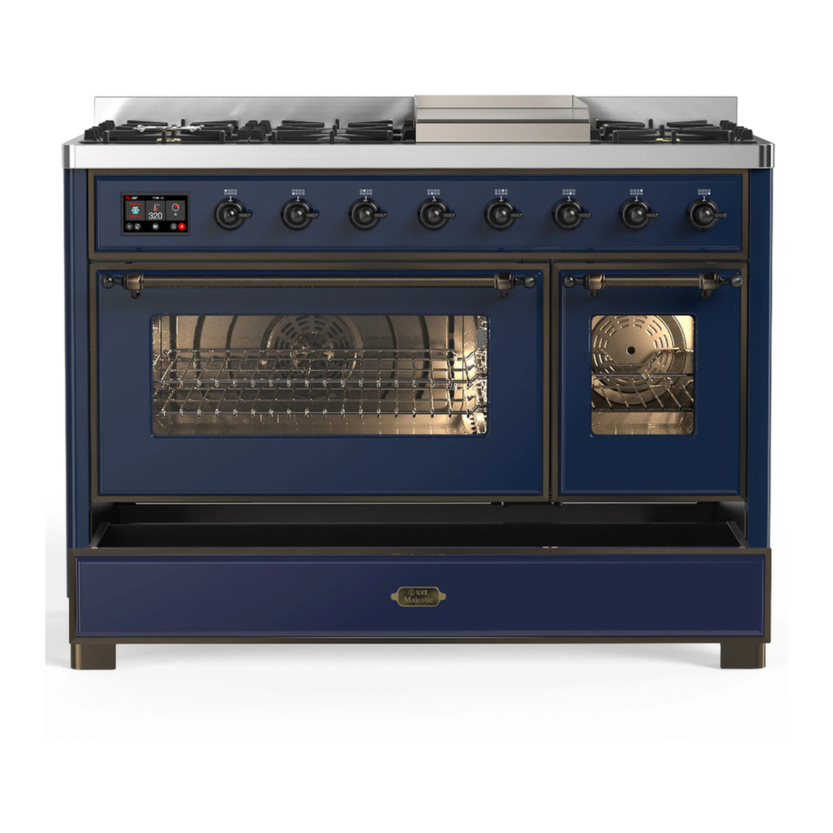 Midnight blue dual fuel range with open main oven door and side window
