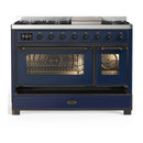 ILVE Majestic III 48-inch Dual Fuel Range with 5 Natural Gas Burner, Griddle and Triple Glass Door Electric Oven in Midnight Blue with Burnished Trim (UM48FNR3MBB)