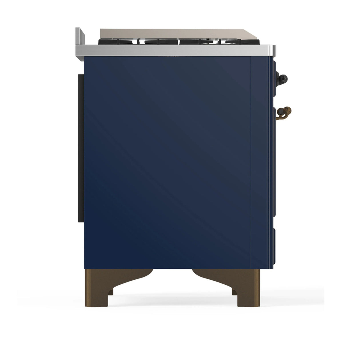 Midnight blue dual fuel range side panel with stainless trim and adjustable legs
