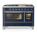 ILVE Majestic III 48-inch Dual Fuel Range with 5 Natural Gas Burner, Griddle and Triple Glass Door Electric Oven in Midnight Blue with Chrome Trim (UM48FNR3MBC)