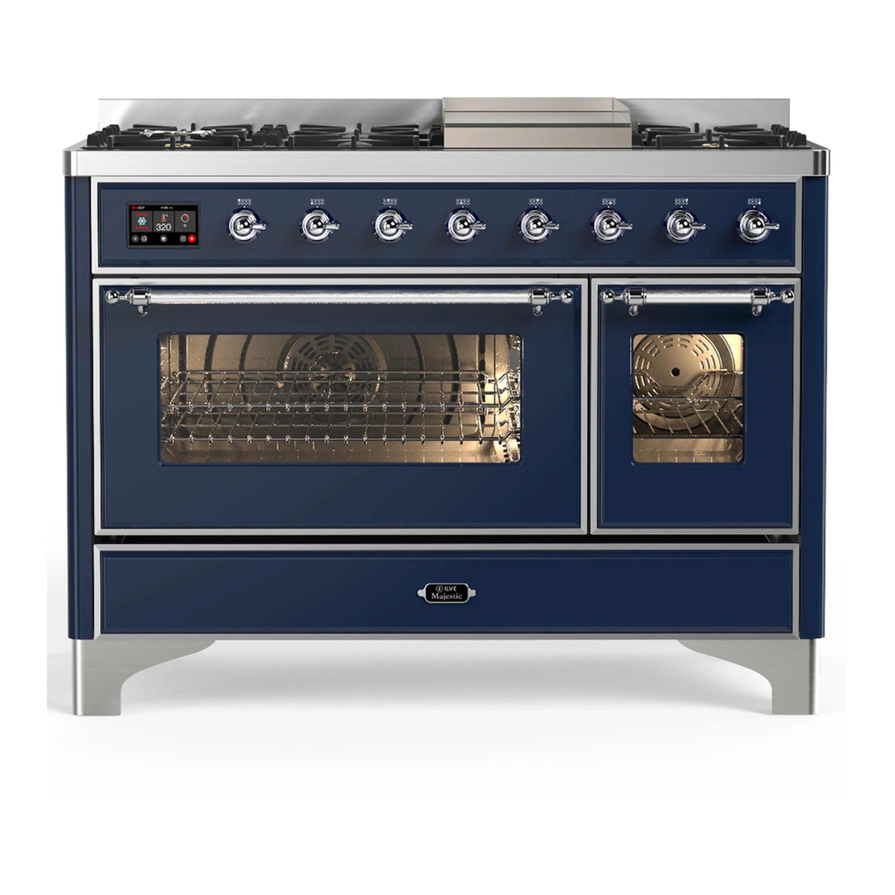 Midnight blue dual fuel range front view with two oven doors and gas burner knobs