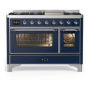 ILVE Majestic III 48-inch Dual Fuel Range with 5 Natural Gas Burner, Griddle and Triple Glass Door Electric Oven in Midnight Blue with Chrome Trim (UM48FNR3MBC)
