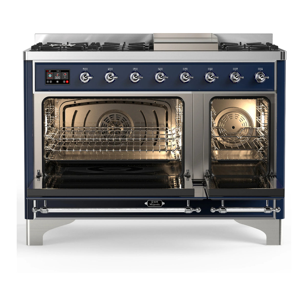 Midnight blue dual fuel range with open triple-glass oven doors and chrome control knobs