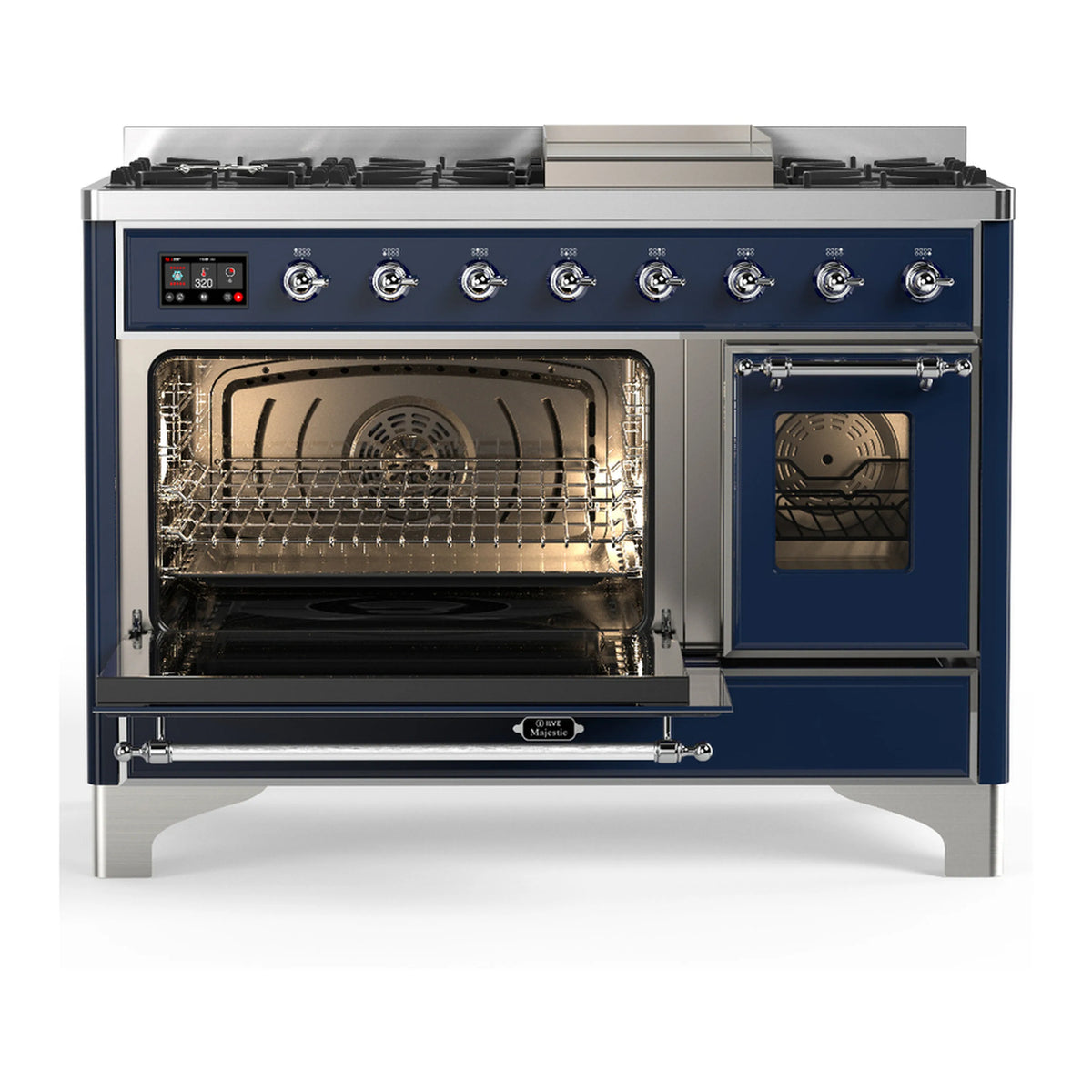 Midnight blue dual fuel range with left oven door open and right windowed glass door