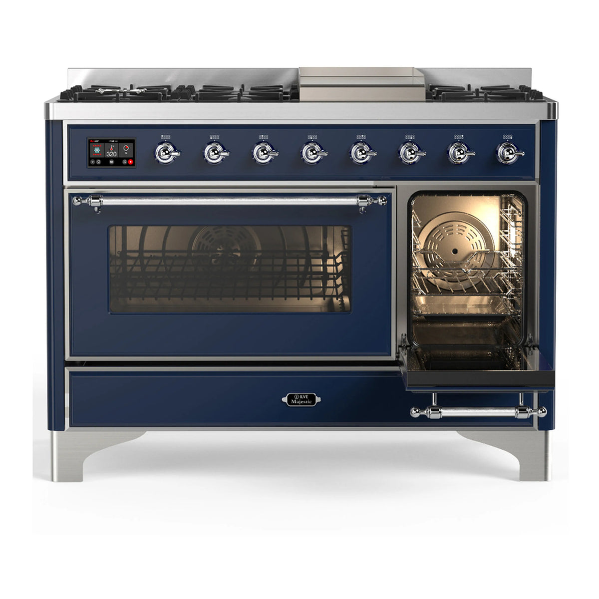 Midnight blue dual fuel range with large left oven window and right oven door open