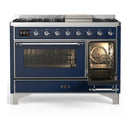 ILVE Majestic III 48-inch Dual Fuel Range with 5 Natural Gas Burner, Griddle and Triple Glass Door Electric Oven in Midnight Blue with Chrome Trim (UM48FNR3MBC)