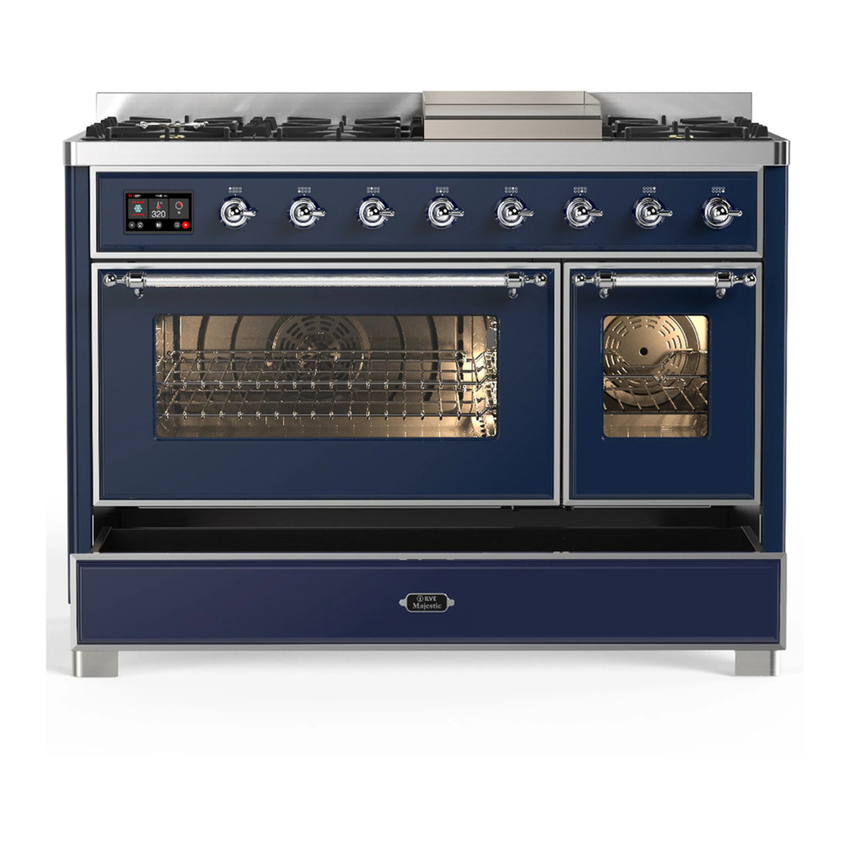 Midnight blue dual fuel range with two open oven compartments and chrome oven handles