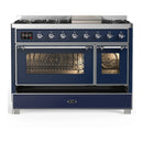 ILVE Majestic III 48-inch Dual Fuel Range with 5 Natural Gas Burner, Griddle and Triple Glass Door Electric Oven in Midnight Blue with Chrome Trim (UM48FNR3MBC)