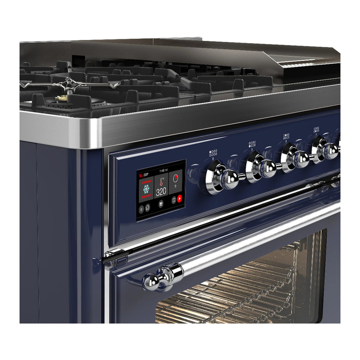 Midnight blue dual fuel range with chrome control knobs and open oven door