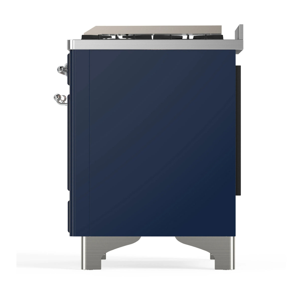 Midnight blue dual fuel range rear side with chrome trim and pull handles