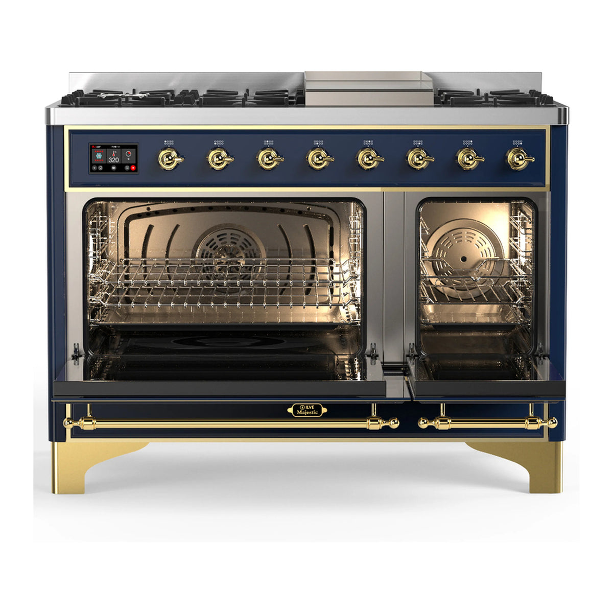 Blue grey dual fuel range with brass trim; two oven doors with clear glass windows