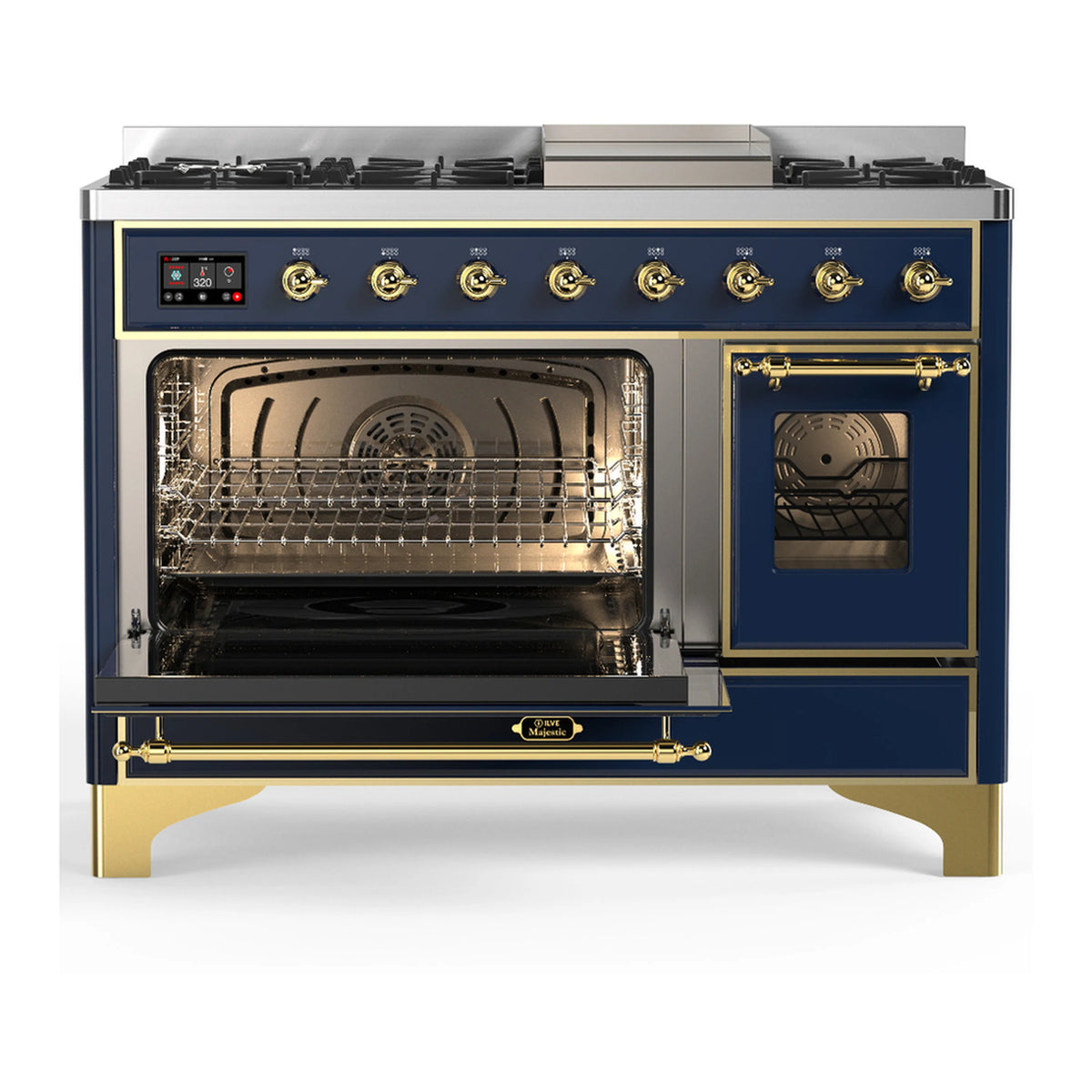 Blue grey dual fuel range front view with brass knobs and two oven doors; window glass