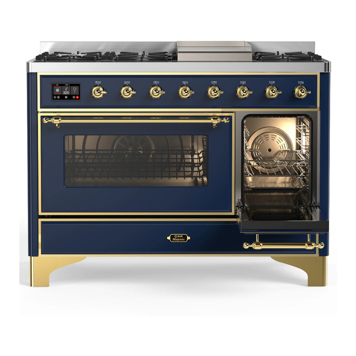 Blue grey dual fuel range with brass-trim door handles and large oven window