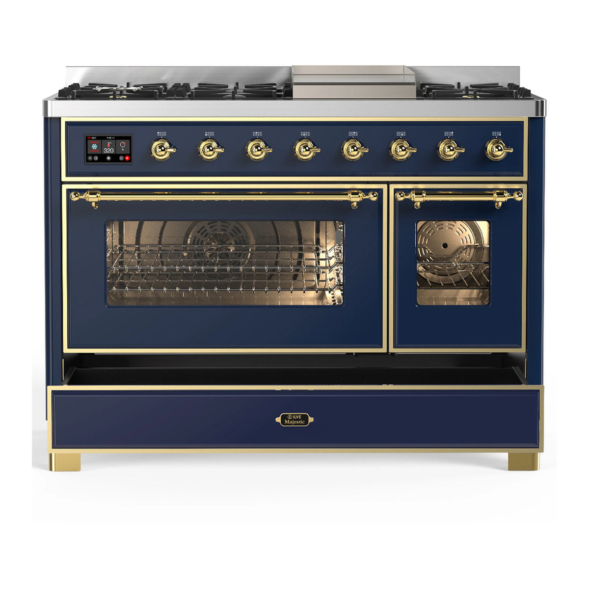 Blue grey dual fuel range with two glass oven windows and brass rail handles