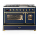 ILVE Majestic III 48-inch Dual Fuel Range with 5 Liquid Propane Burner, Griddle and Triple Glass Door Electric Oven in Blue Grey with Brass Trim (UM48FNR3MBGLP)