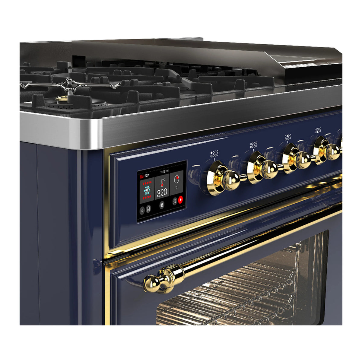 Control panel and brass knobs on blue grey dual fuel range above open oven door
