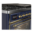 ILVE Majestic III 48-inch Dual Fuel Range with 5 Liquid Propane Burner, Griddle and Triple Glass Door Electric Oven in Blue Grey with Brass Trim (UM48FNR3MBGLP)
