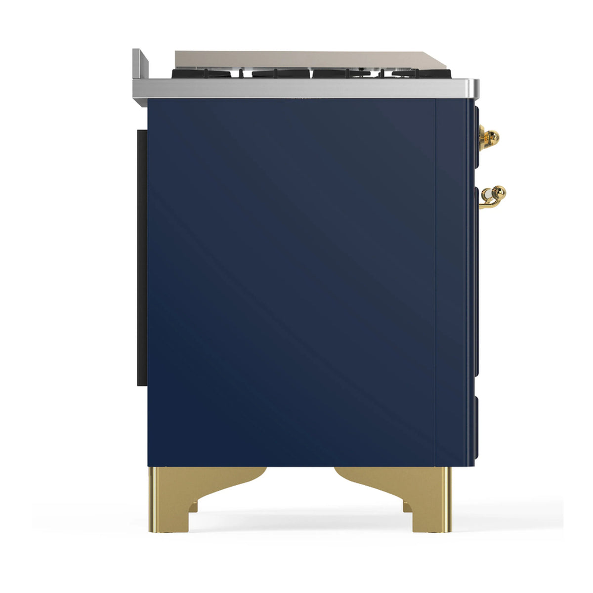 Side view of blue grey dual fuel range with brass base and side trim