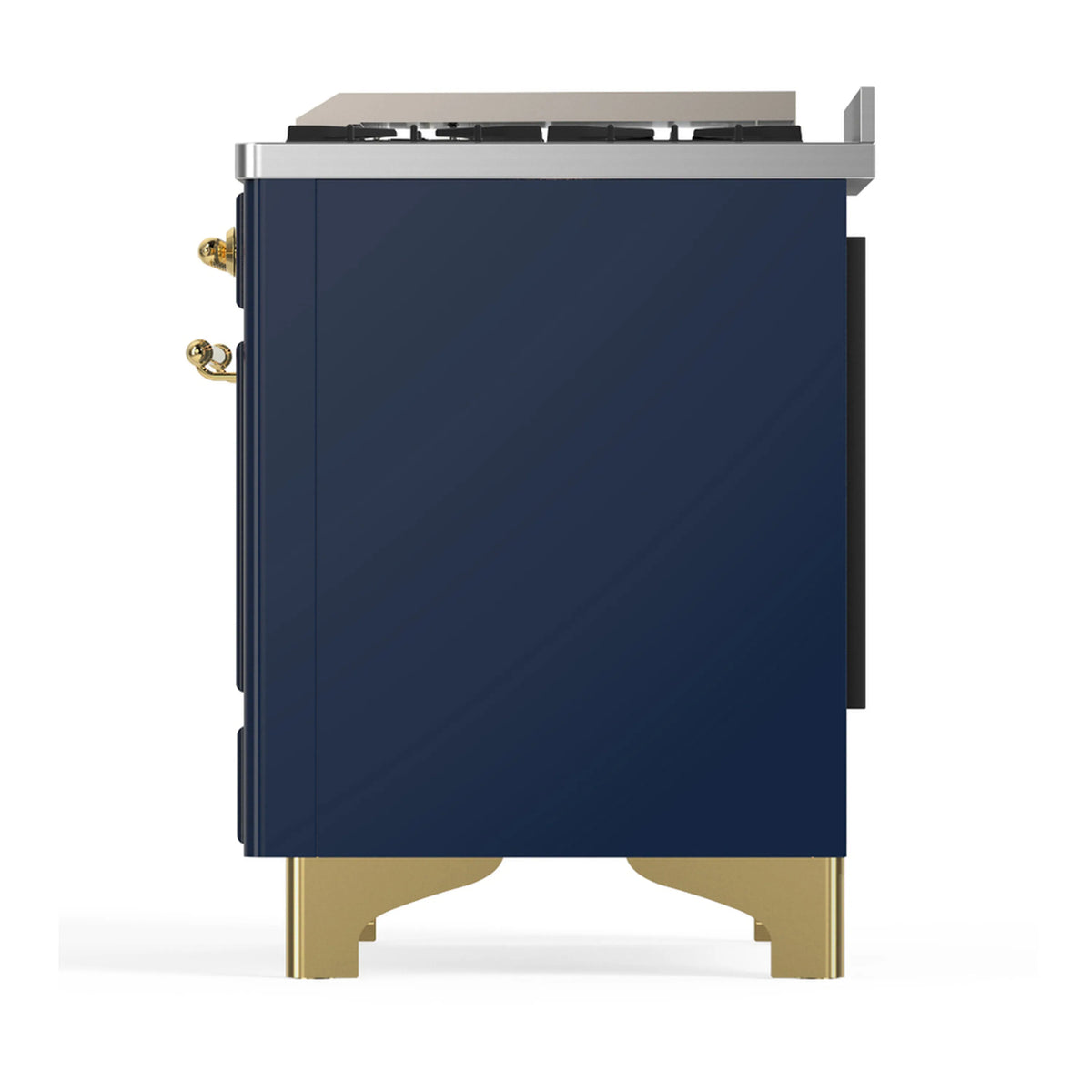 Blue grey dual fuel range side view with brass legs and vented side panel