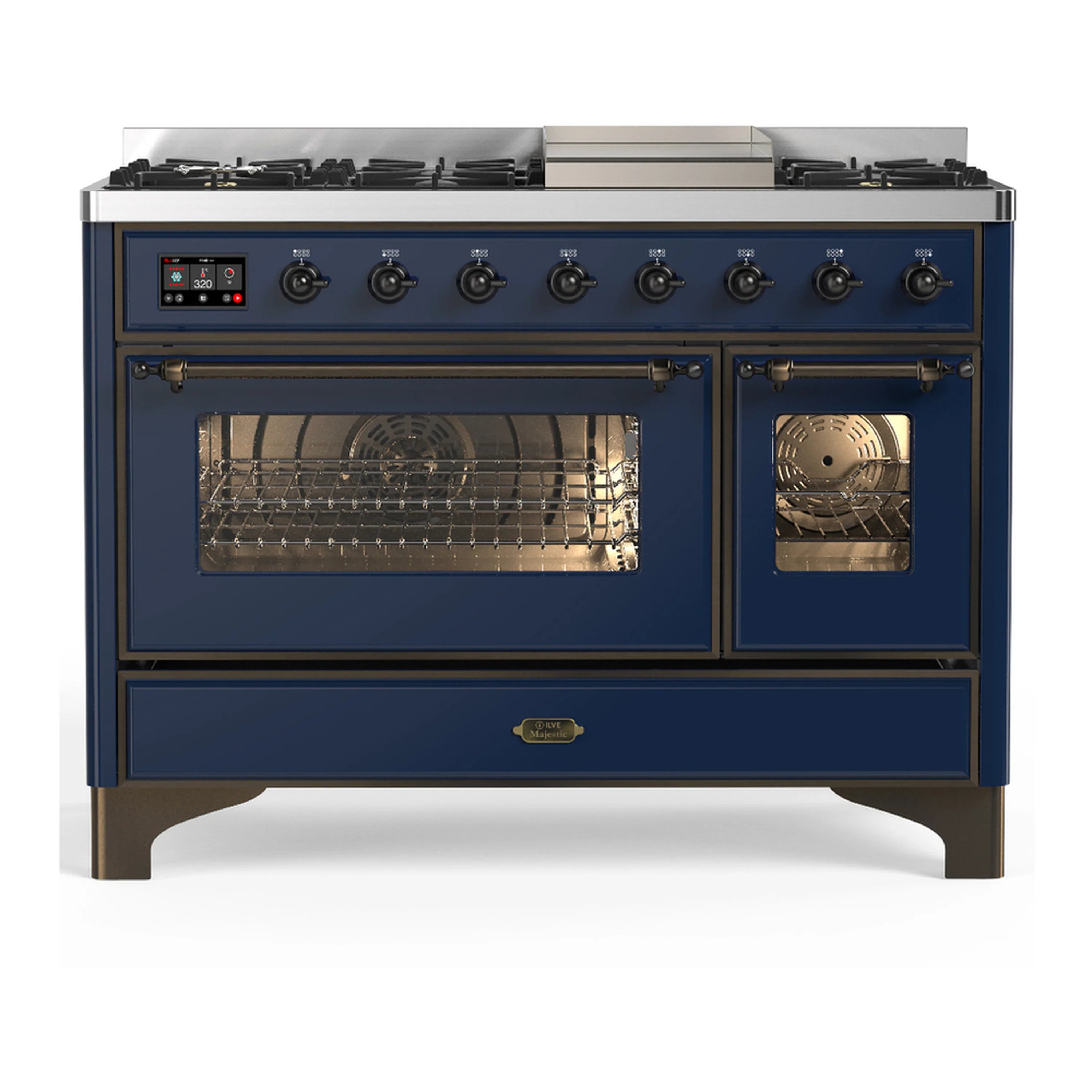 Midnight blue dual fuel range with copper trim, double oven doors with lit glass windows