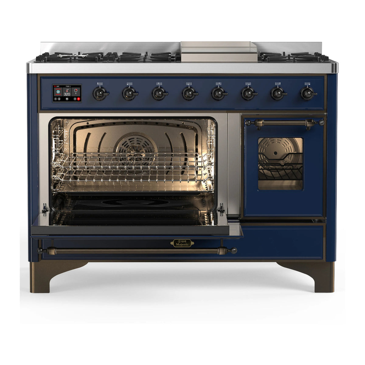 Midnight blue dual fuel range with copper trim, cooktop burners and right oven door open