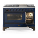 ILVE Majestic III 48-inch Dual Fuel Range with 5 Natural Gas Burner, Griddle and Triple Glass Door Electric Oven in Midnight Blue with Copper Trim (UM48FNR3MBP)