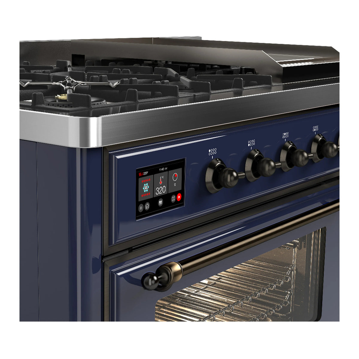 Midnight blue dual fuel range with control panel knobs and oven window showing racks