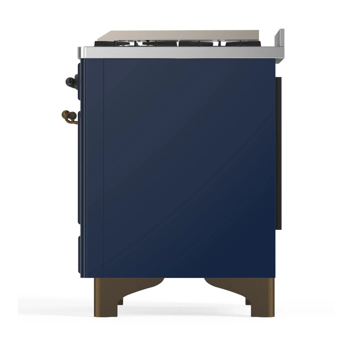 Midnight blue dual fuel range rear view with stainless top and side fittings