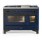 ILVE Majestic III 48-inch Dual Fuel Range with 5 Liquid Propane Burner, Griddle and Triple Glass Door Electric Oven in Midnight Blue with Copper Trim (UM48FNR3MBPLP)