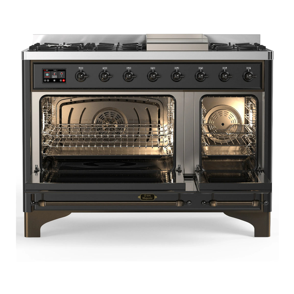 Graphite matte dual fuel range with both oven doors open and interior racks visible