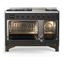 ILVE Majestic III 48-inch Dual Fuel Range with 5 Liquid Propane Burner, Griddle and Triple Glass Door Electric Oven in Graphite Matte with Burnished Trim (UM48FNR3MGBLP)