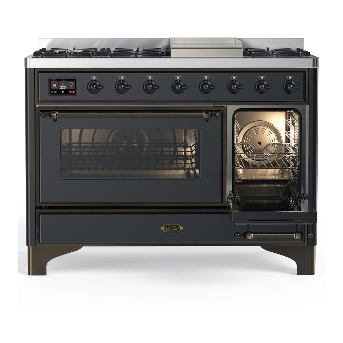 Graphite matte dual fuel range with left oven door closed and right oven door open