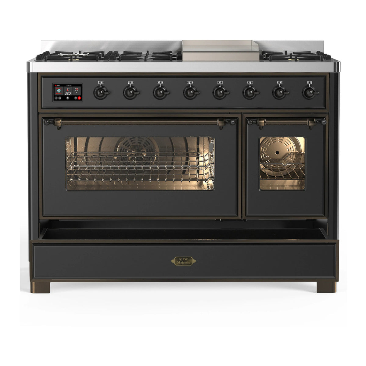 Graphite matte dual fuel range with left oven door open and right glass window
