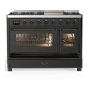ILVE Majestic III 48-inch Dual Fuel Range with 5 Liquid Propane Burner, Griddle and Triple Glass Door Electric Oven in Graphite Matte with Burnished Trim (UM48FNR3MGBLP)