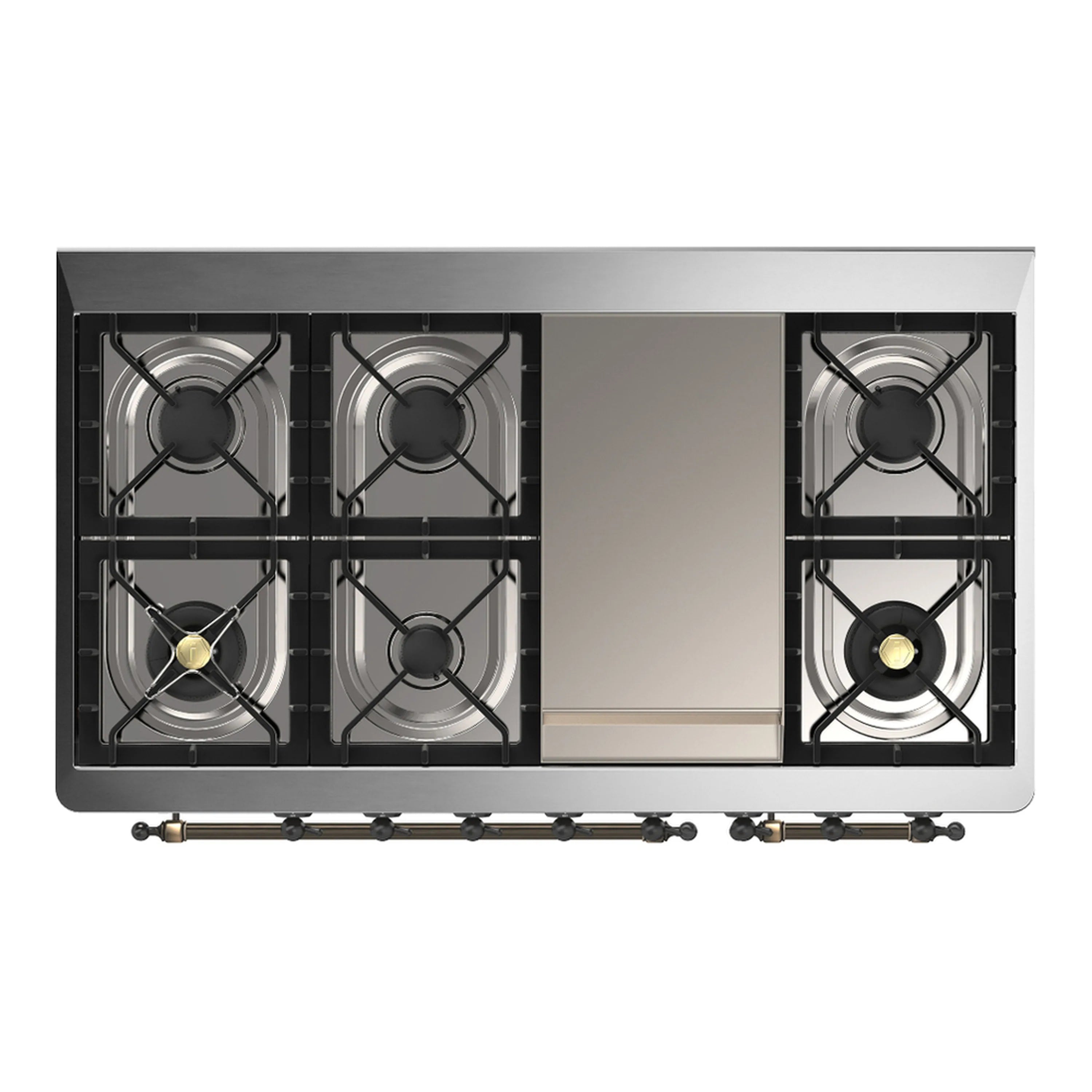 Dual fuel range cooktop with five gas burners and stainless control panel
