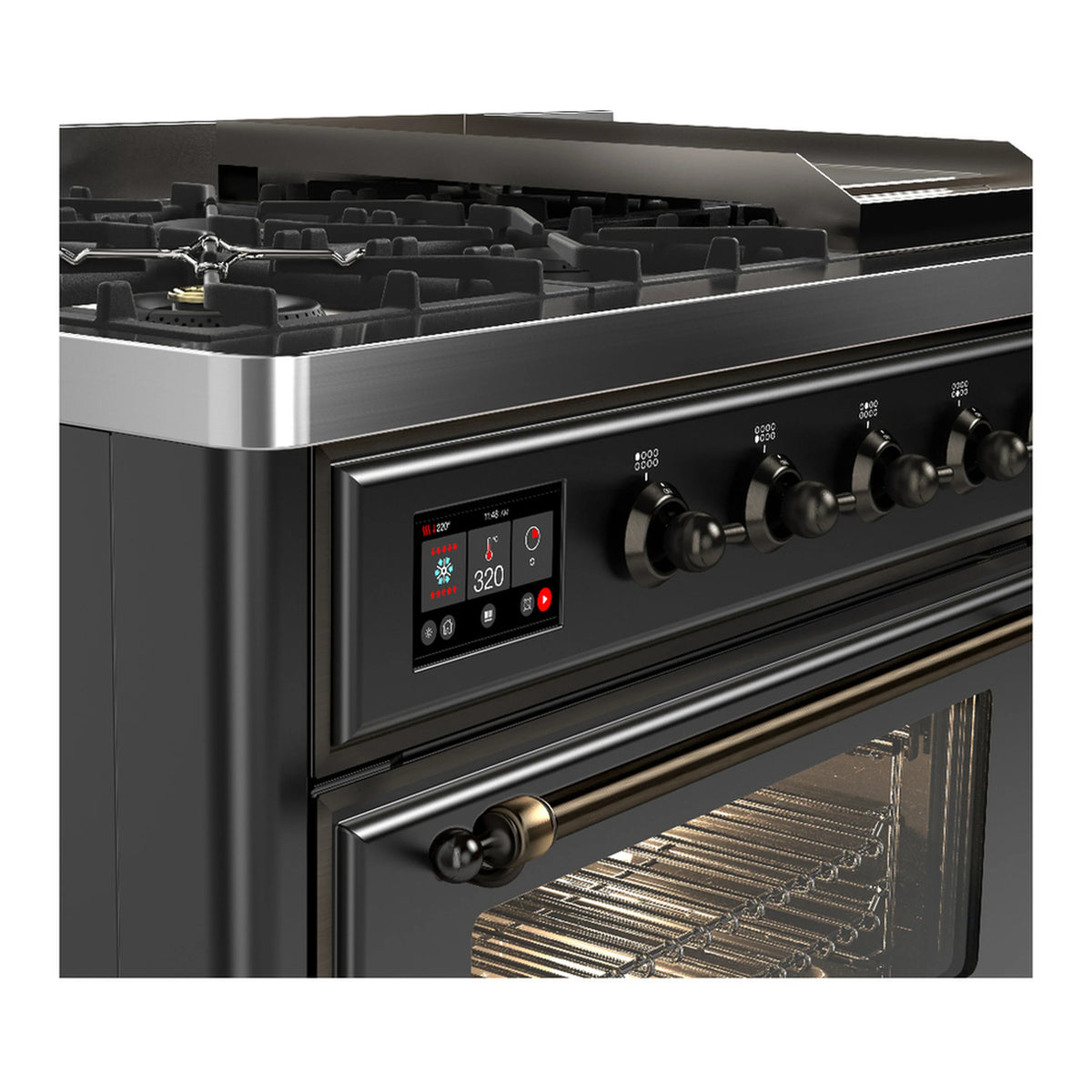 Graphite matte dual fuel range control panel with knobs and lit oven window