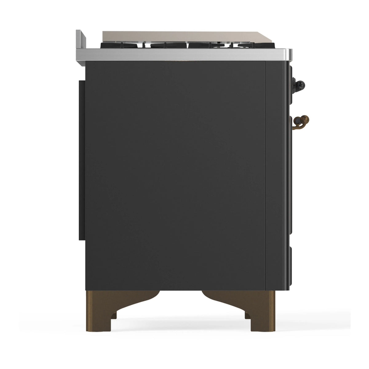 Graphite matte dual fuel range side view with control knobs and backguard