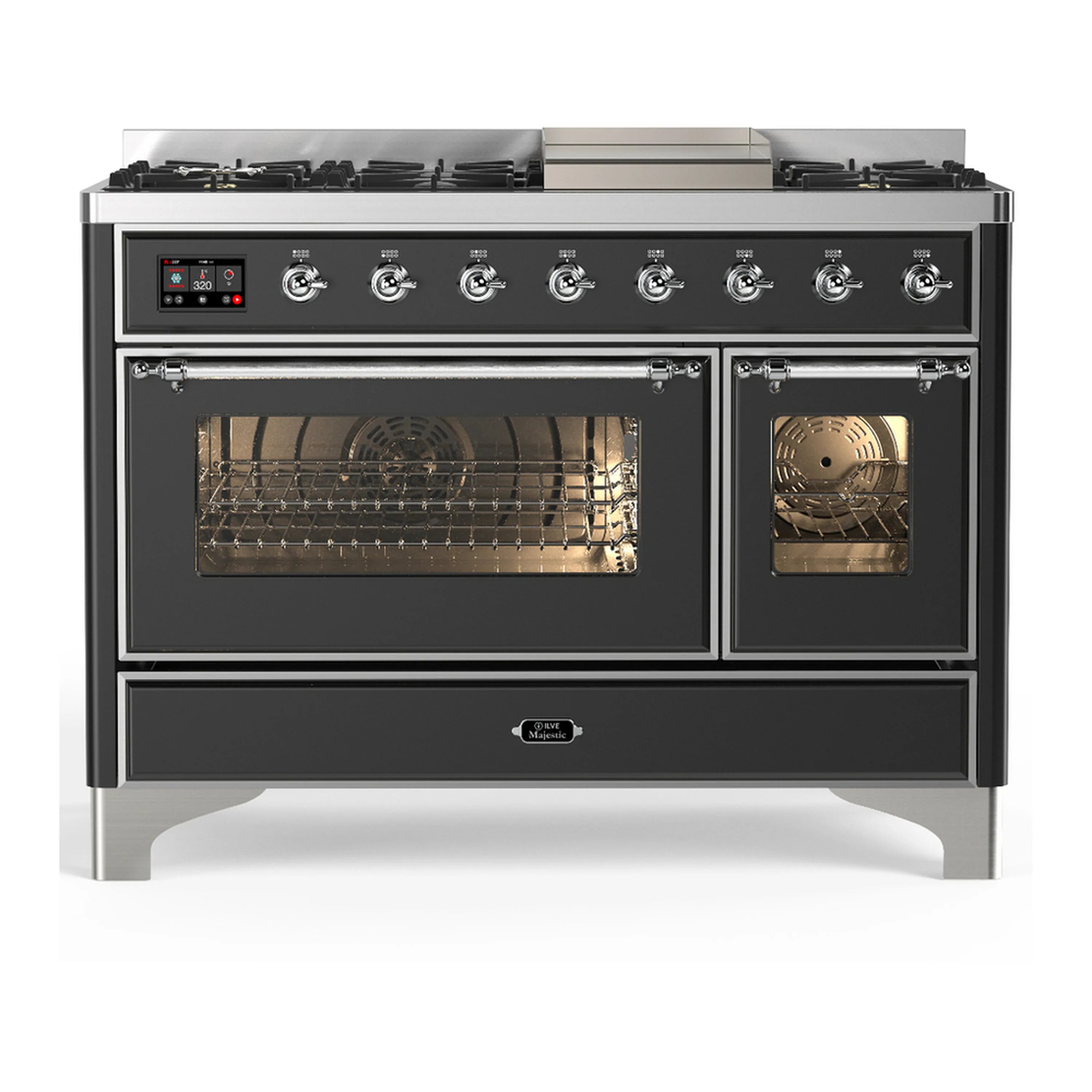 Graphite dual fuel range with chrome trim, 5 burners, and dual oven doors with glass