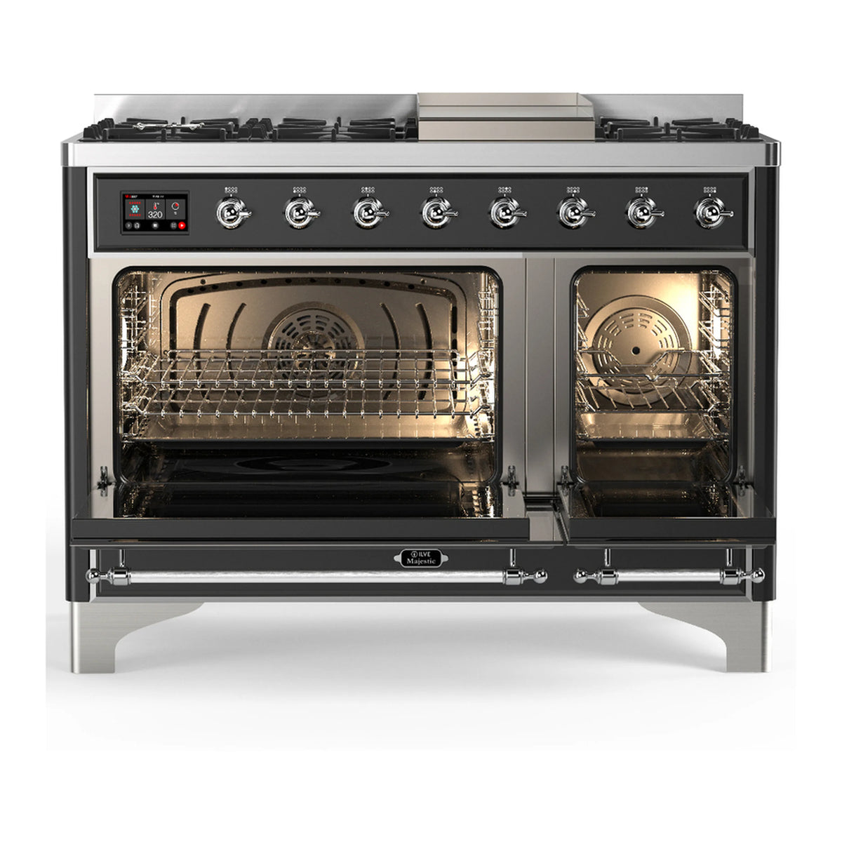 Graphite dual fuel range with chrome trim, 5 burners, and both ovens open with racks
