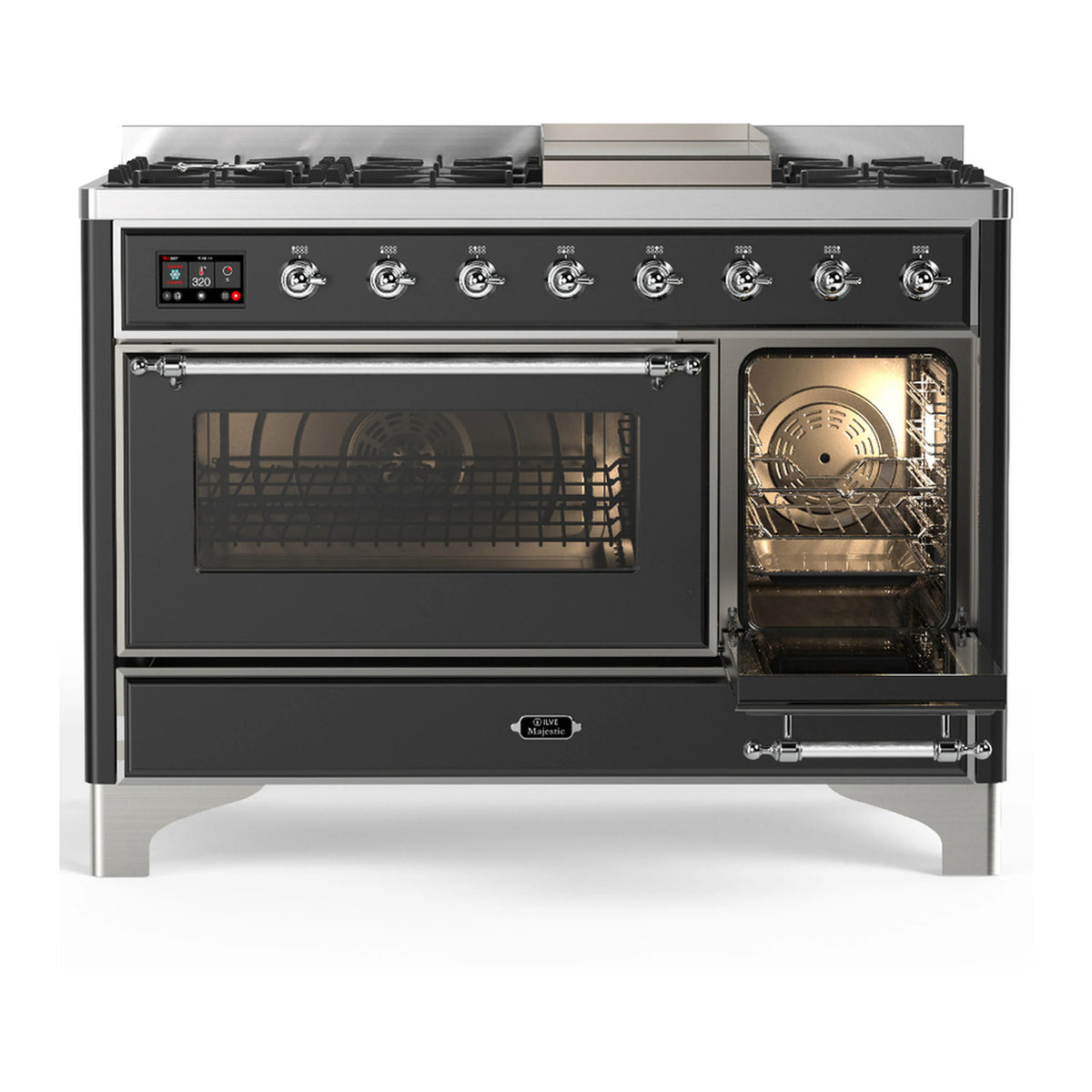 Graphite dual fuel range with chrome trim, 5 burners, left oven closed and right oven open